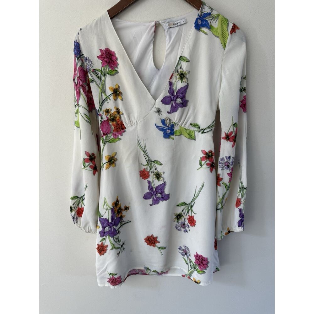 Roam Size Small Sardina Mini Shift Dress White Floral V Neck Cut Out Long Sleeve